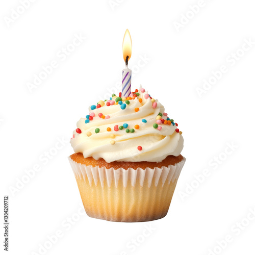delightful birthday cupcake topped with fluffy frosting, colorful sprinkles, and lit candle, perfect for celebrations