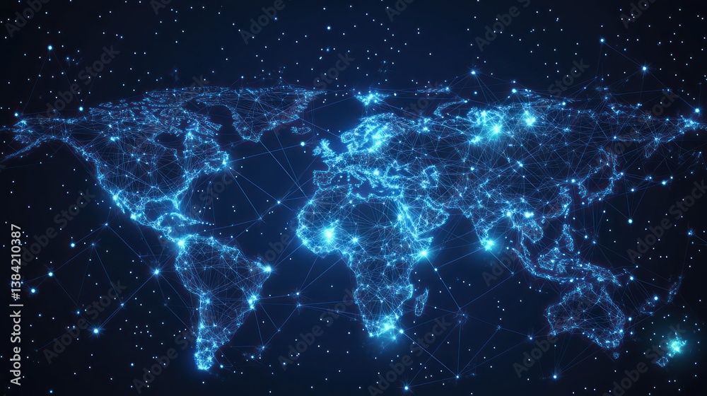Fototapeta premium Global Network Connections Illuminated World Map, Space Background, Digital Communication