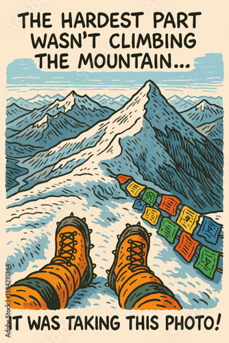 Climbing Boots on Snowy Mountain Peak with Prayer Flags Artwork