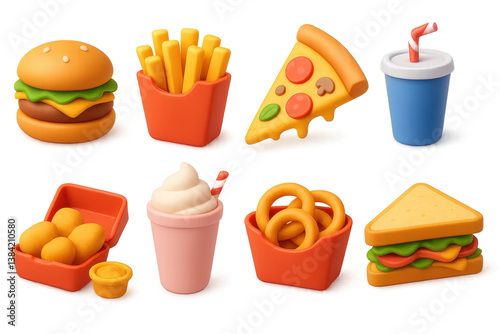 Fast food fun. 3d icons collection featuring burgers, pizza, and more