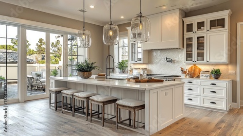 Modern Farmhouse Kitchen Design: White Cabinets, Quartz Countertops, and Elegant Lighting