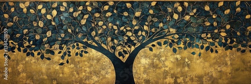Stylized tree with gold leaves against a dark background painting illustration.