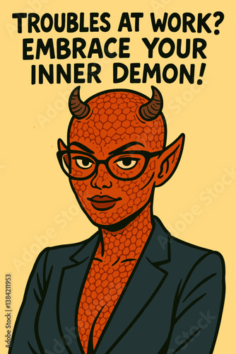 Cartoon Devil Woman Wearing Business Suit with Troubles at Work Message