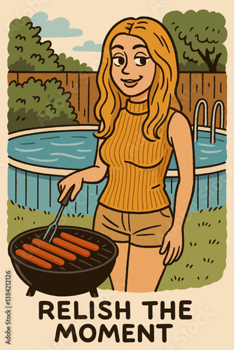 Woman Grilling Sausages Outdoors Near Pool in Backyard Illustration
