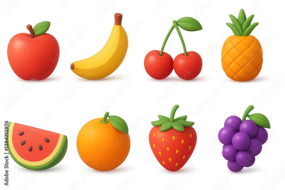 Vibrant 3d fruit icons. a collection of colorful and simple fruit designs Vibrant 3d fruit icons. a collection of colorful and simple fruit designs