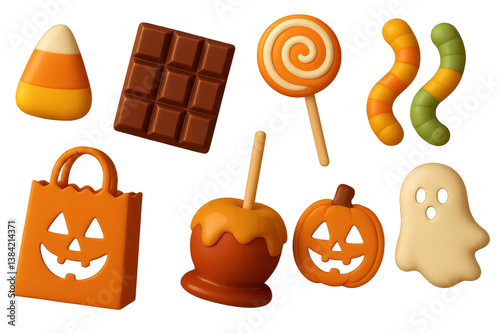 Delightful halloween sweets. 3d icons of candy corn, lollipops, and more