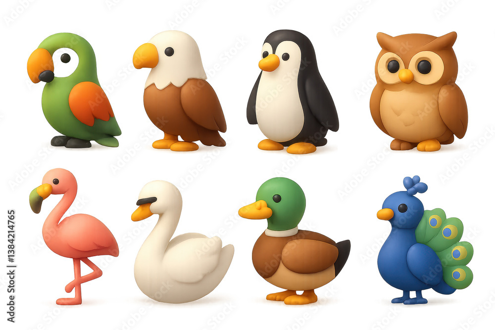 Naklejka premium Charming bird icons. 3d parrot, eagle, penguin, owl, flamingo, swan, duck, peacock.
