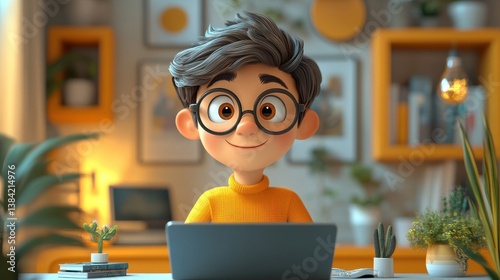 3d illustration, cute cartoon hispanic man speaking on video call with laptop at home,illustration