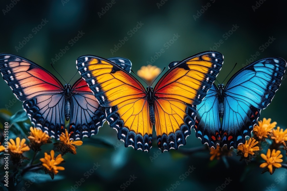 Fototapeta premium Three Vibrant Butterflies on Flowers
