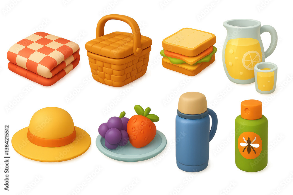 Picnic essentials in 3d icons. blanket, basket, food, and more visualized in fun graphics