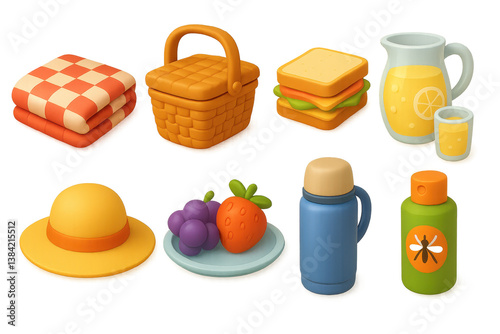 Obraz na płótnie Picnic essentials in 3d icons. blanket, basket, food, and more visualized in fun graphics w salonie