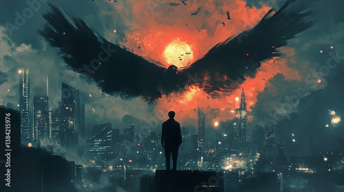 Night Cityscape with Giant Bird Silhouette