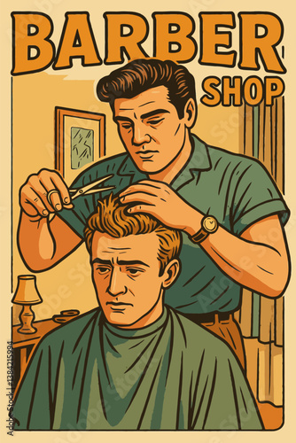 Barber Giving Haircut in Shop Retro Illustration Art Style