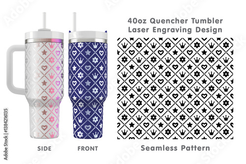 Seamless laser engraving design for 40oz tumbler. Princess tileable pattern. Full tumbler wrap. Vector illustration.