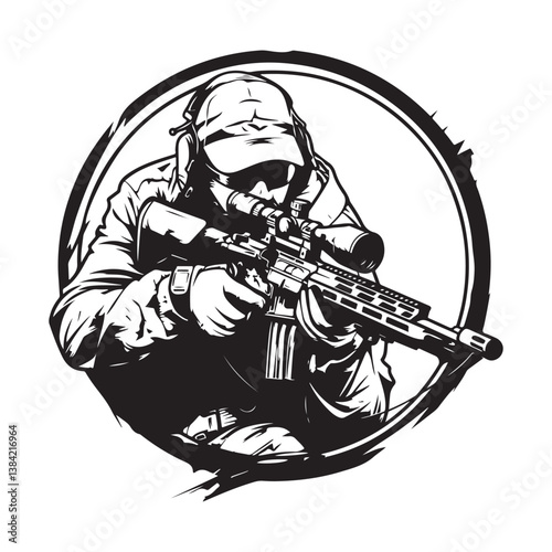 Silhouette sniper in action black color only image vector isolated on white background.