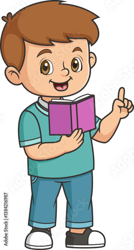 Cute little boy holding book standing and reading speaking
