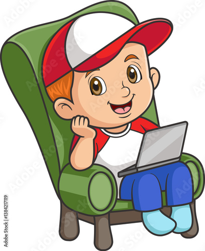 Young man sitting on the sofa at home interior and working with laptop