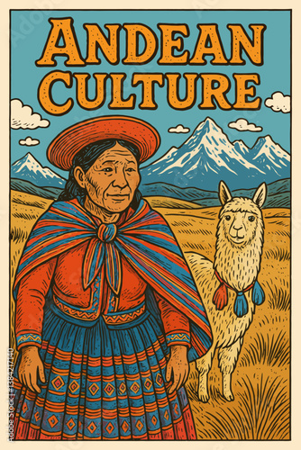 Andean Woman and Llama in Mountain Landscape Illustration Travel Poster