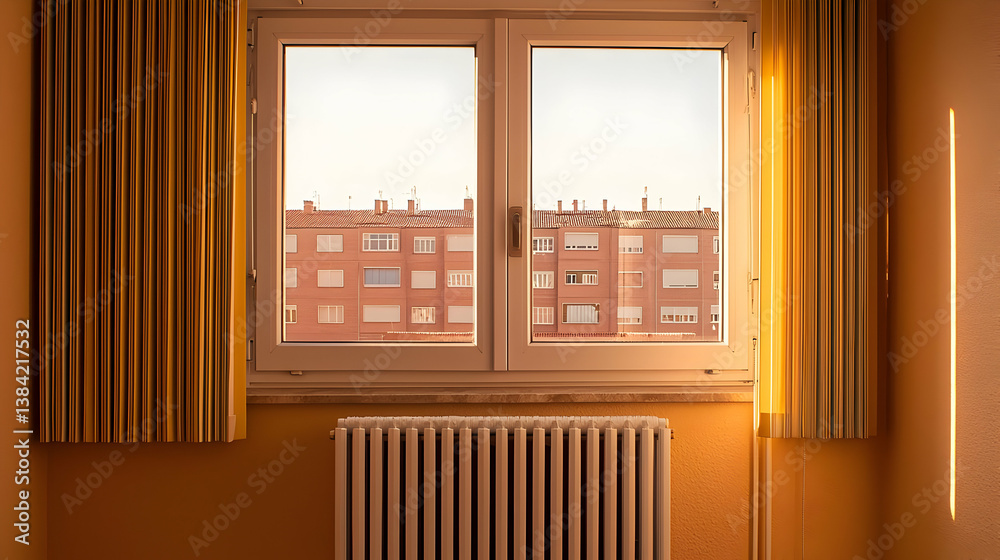 Obraz premium Warm Sunlight Through Window To Cityscape
