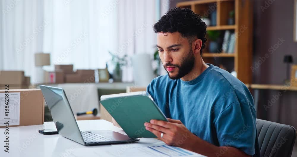 Logistics, tablet and man on laptop for small business, order review and comparison in home. Ecommerce, distribution and technology for online sales, stock procurement and freelancer typing email