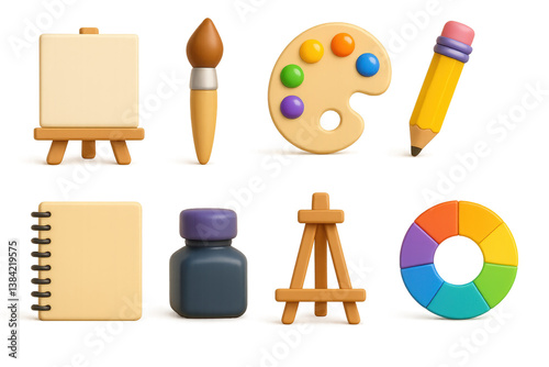 Essential art supplies. 3d icons: easel, brush, palette, pencil, notebook, ink, color wheel