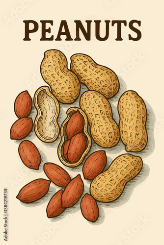 Pile of Roasted Peanuts Illustration with Open Shell and Kernels