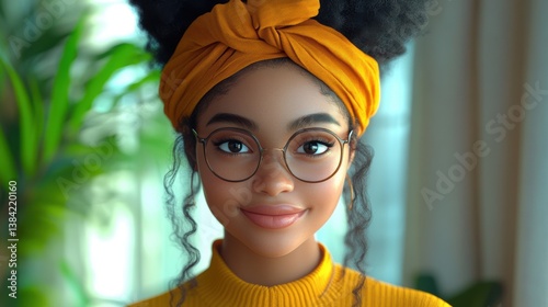 3d illustration, cute cartoon smiling black woman with african turban using smartphone at home,stock photo