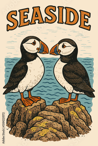 Pair of Puffins Standing on Rocks Seaside Coastal Illustration