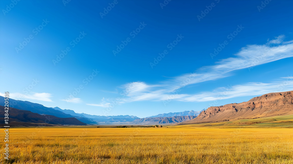 Fototapeta premium Golden Field Valley Under A Clear Blue Sky With Mountains