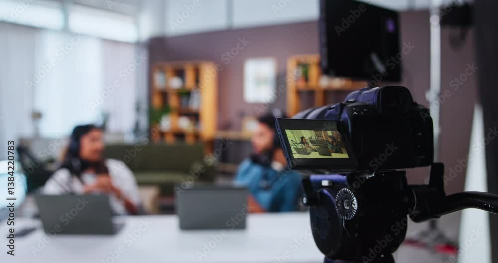 Camera, video recording or screen with people in talk show for online streaming or audio broadcast at home studio. Influencers, commentary or technology with live entertainment, news or radio channel Camera, video recording or screen with people in talk show for online streaming or audio broadcast at home studio. Influencers, commentary or technology with live entertainment, news or radio channel