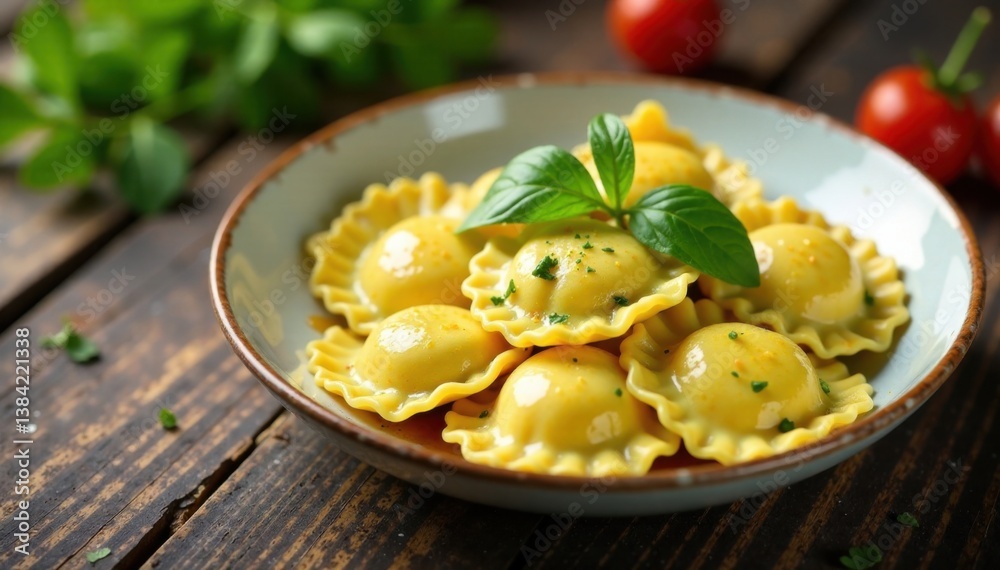Boiled ravioli filled with ricotta cheese and fresh parsley on a worn wooden table, kitchen table, parmesan cheese Boiled ravioli filled with ricotta cheese and fresh parsley on a worn wooden table, kitchen table, parmesan cheese