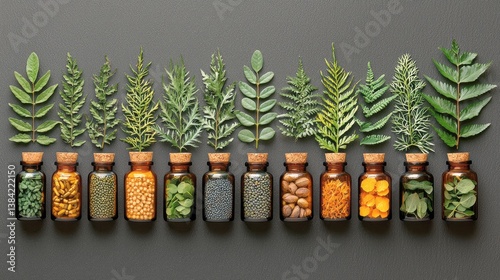 Natural Herbal Remedies: A Collection of Medicinal Plants and Flowers in Glass Bottles