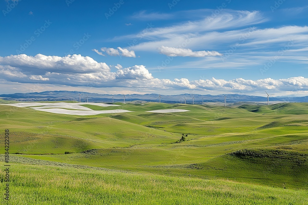 Fototapeta premium Vast Prairie Landscape Under a Bright Blue Sky with Distant Industrial Structures