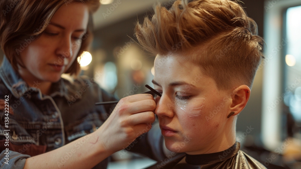 Fototapeta premium A stylist giving a client a pixie cut stock image, hd quality, natural look, blog post, fashion post, styling, hair care.