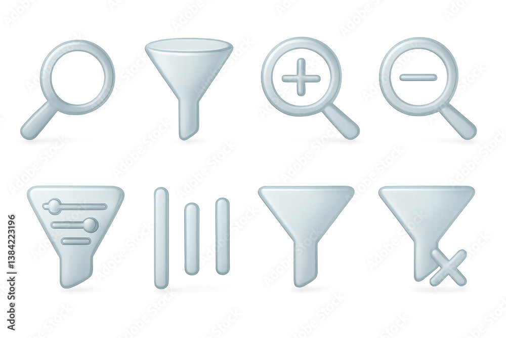 3d glass icons: magnifier, funnel, plus, minus, slider, filter, settings
