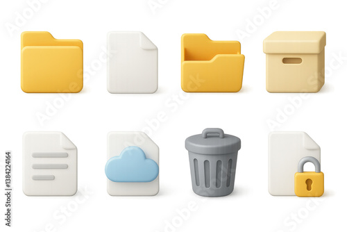 Essential 3d file management icons. folders, documents, cloud, trash, lock