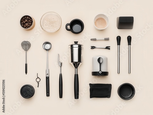 Barista tools flat lay, minimalist composition with cool morning light and negative space photo