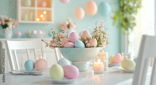Pastel Easter Eggs Table Setting with Floral Arrangement