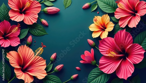 Bold, graphic hibiscus blooms, rich tropical colors, geometric layout, floral design, artistic, design