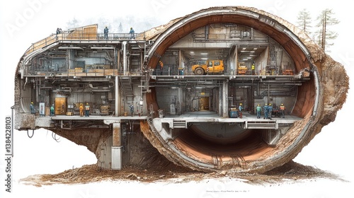 Cross-section revealing a subterranean structure's intricate interior, showing workers, machinery, and various compartments