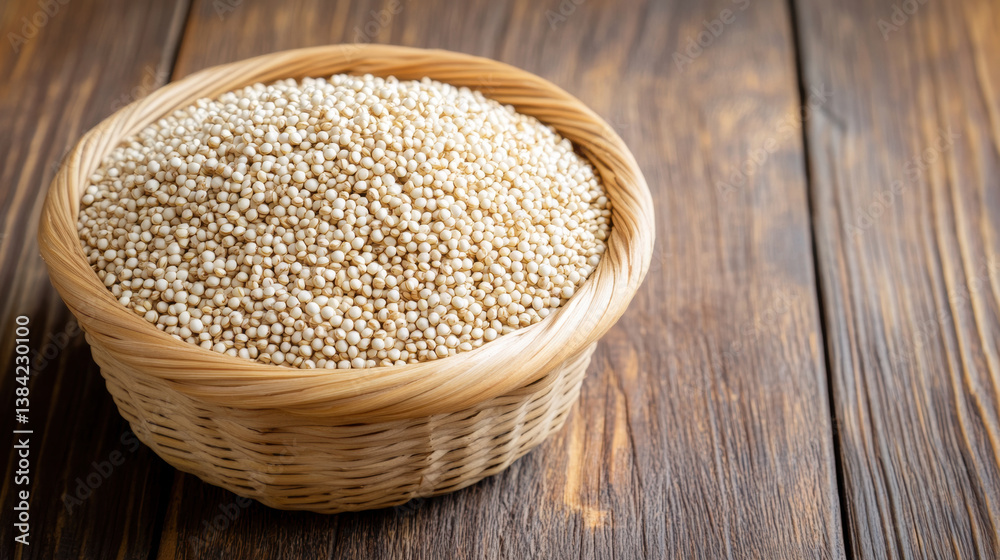 Freshly harvested quinoa grains in woven basket on wooden surface evoke sense of natural abundance and health Freshly harvested quinoa grains in woven basket on wooden surface evoke sense of natural abundance and health