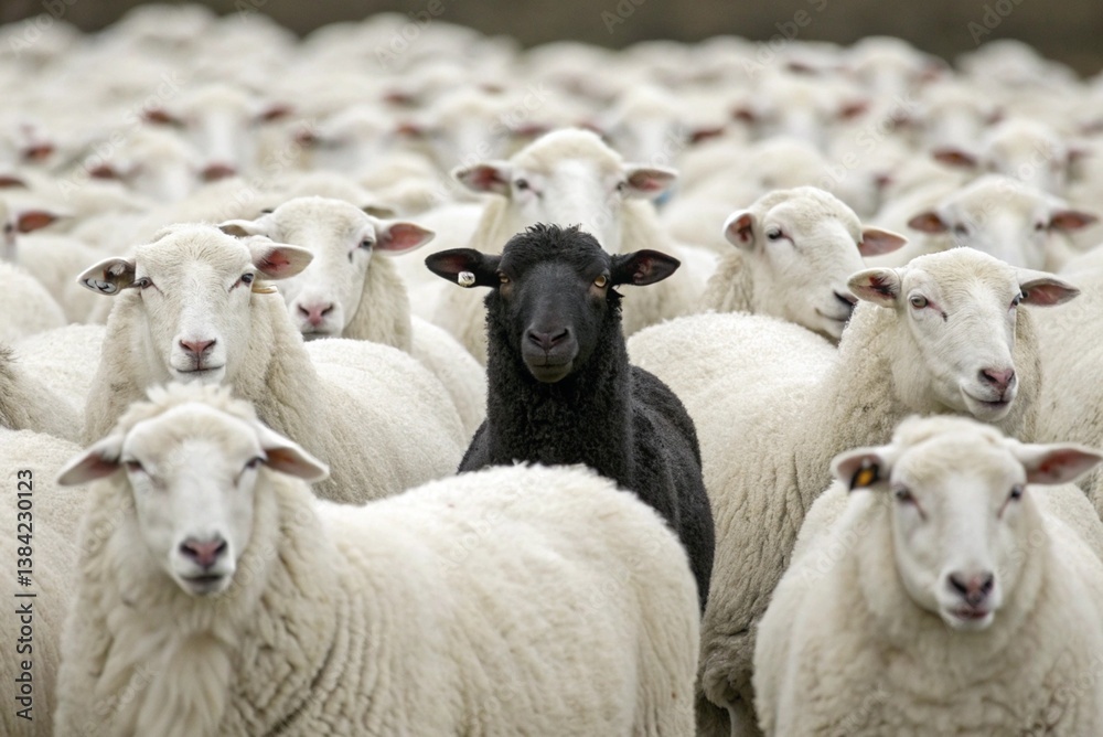 Fototapeta premium White sheep in precise formation, with a single black sheep in the middle, creating a strong visual contrast of identity, sheep contrast, symbolizing individuality-generated by ai