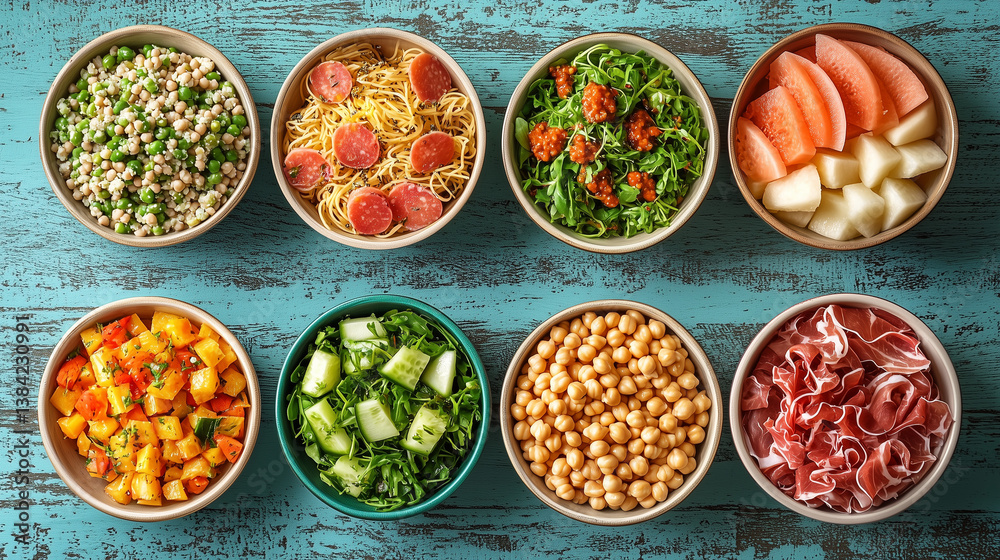 Overhead Bowls Displaying Diverse Food on Rustic Blue Wooden Tabletop Overhead Bowls Displaying Diverse Food on Rustic Blue Wooden Tabletop