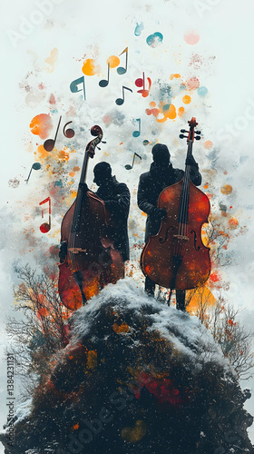 A pair of musicians stand atop a snowy peak each holding a stringed instrument Musical notes float in the painted spl