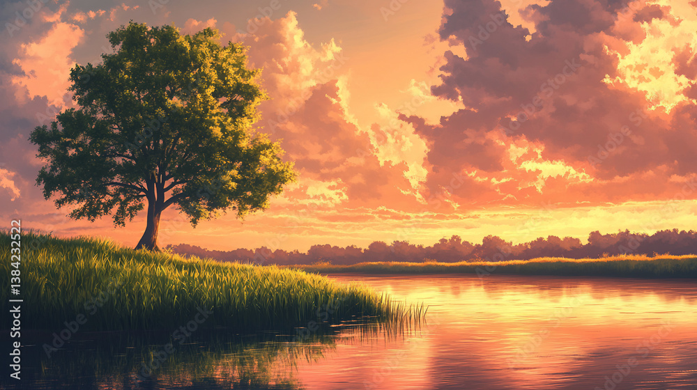 Obraz premium Tranquil Sunset Over River