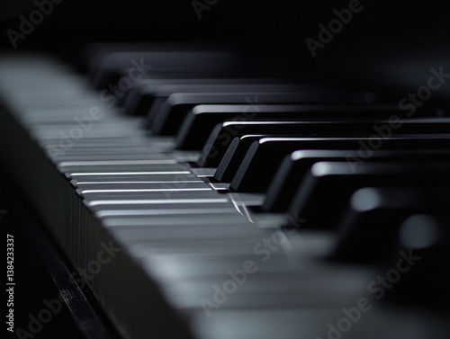 Close-up of Black piano keys with dramatic lighting and copy space below