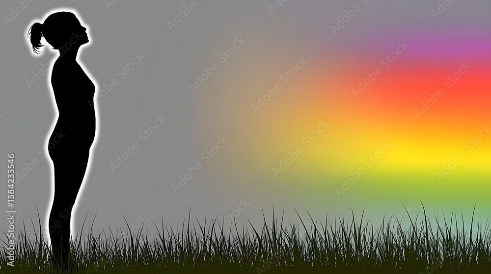 Silhouette of Pregnant Woman Standing in Grass with Rainbow Background in Soft Light Silhouette of Pregnant Woman Standing in Grass with Rainbow Background in Soft Light