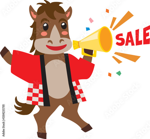 セールでメガホンを持つ午年のかわいい馬
