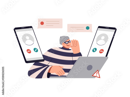 Illustration of MITM attack. Man in the middle cyberattack, active eavesdropping example. Hacker or spy intercepting information with two devices communications. Flat vector design