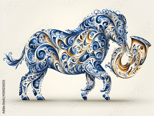 Elegant horse artwork with intricate blue  golden patterns creating a swirling design of floral elements exuding a reg
